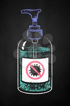 Vector color chalk drawn illustration of sanitizer bottle on black chalkboard background.