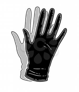 Vector black and white illustration of rubber gloves isolated on white background.