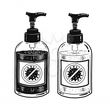 Vector black and white illustration of sanitizer bottles isolated on white background.