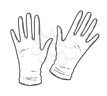Vector black and white contour illustration of rubber gloves isolated on white background.