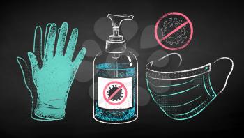 Vector color chalk drawn illustration set of sanitizer bottle, face masks and rubber gloves on black chalkboard background.