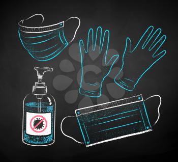 Vector color chalk drawn illustration set of sanitizer bottle, face masks and rubber gloves on black chalkboard background.
