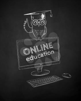 Owl in mortarboard sitting on desktop monitor. Vector chalk drawn illustration of online education concept on black chalkboard background.