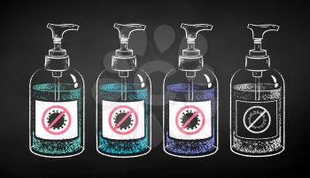 Vector color chalk drawn illustration set of sanitizer bottle on black chalkboard background.