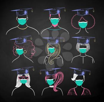 Vector color chalk illustration collection of new normal students wearing face masks and mortarboards on black chalkboard background.