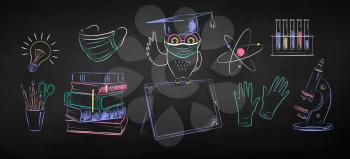 Vector color chalk drawn illustration collection of new normal education objects and owl sitting on digital tablet wearing face mask on black chalkboard background.