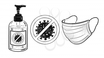 Vector black and white illustration set of protection items isolated on white background.