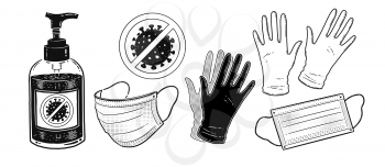 Vector black and white illustration set of sanitizer bottle, face mask and rubber gloves isolated on white background.