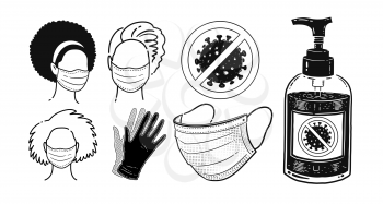 Vector bw illustration collection of virus protection items and characters wearing masks isolated on white background.