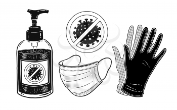 Vector black and white illustration collection of sanitizer bottle, face mask and rubber gloves isolated on white background.