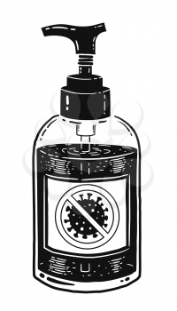 Vector black and white illustration of sanitizer bottle isolated on white background.