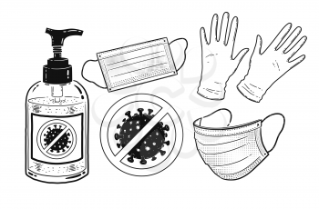Vector bw illustration set of sanitizer bottle, face mask and rubber gloves isolated on white background.