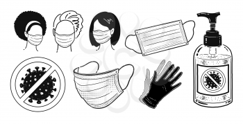 Vector bw illustration collection of virus protection items and characters wearing masks isolated on white background.