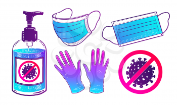 Vector  illustration set of sanitizer bottle, face mask and rubber gloves isolated on white background.