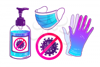 Vector  illustration collection of sanitizer bottle, face mask and rubber gloves isolated on white background.