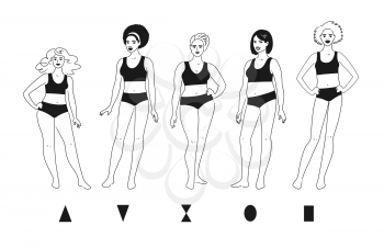 Vector contour illustration collection of body positive female characters isolated on white background.