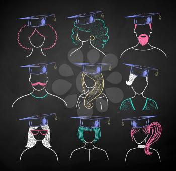 Vector chalk illustration set of students wearing mortarboards on black chalkboard background.