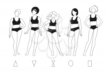 Vector contour illustration set of body positive female characters isolated on white background.