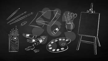 Vector black and white chalk drawn illustration set of art students supplies on chalkboard background.