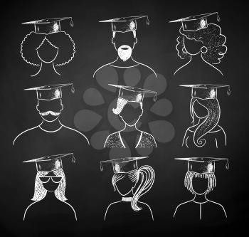 Vector black and white chalk illustration set of students wearing mortarboards on chalkboard background.