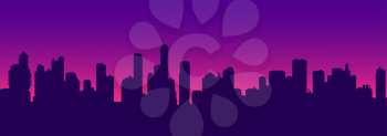 Horizontal vector background of futuristic sunset cityscape silhouette in neon purple and pink colors.