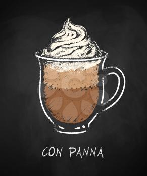 Con panna coffee cup isolated on black chalkboard background. Vector chalk drawn sideview grunge illustration.