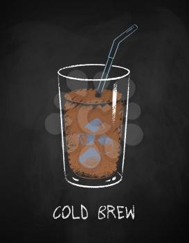 Cold Brew coffee glass isolated on black chalkboard background. Vector chalk drawn sideview grunge illustration.