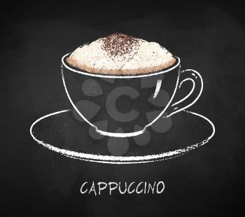 Cappuccino coffee cup isolated on black chalkboard background. Vector chalk drawn sideview grunge illustration.