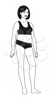 Vector contour illustration of full length female character isolated on white background.
