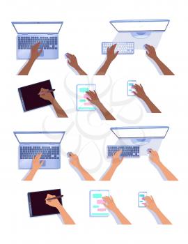 Vector collection of hands with computers and tablets isolated on white background