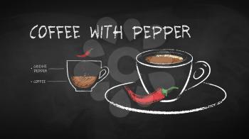 Vector chalk drawn infographic illustration of coffee with pepper recipe on chalkboard background.