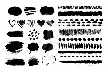 Collection of grunge vector hand drawn paint dubs elements and banners isolated on white background.