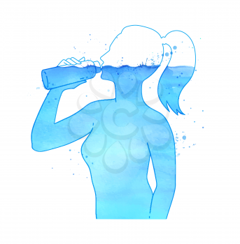 Watercolor vector isolated illustration of hydration concept. Female silhouette filled with water drinking  with bottle of mineral pure water. Hand drawn with paint smudges and splashes.