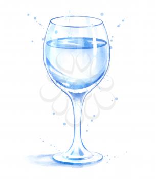 Watercolor vector isolated illustration of wine glass of water. Realistic hand drawn art with paint smudges and splashes.