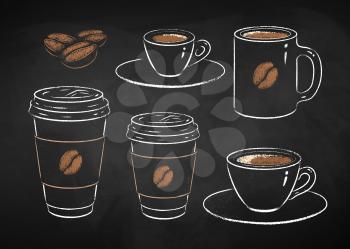 Collection of coffee cups isolated on black chalkboard background. Vector chalk drawn sideview grunge illustrations.