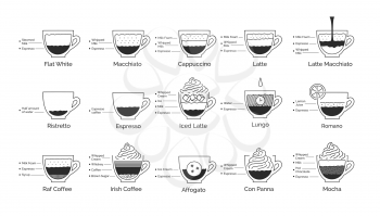 Vector minimalistic line art infographic illustration set of coffee recipes isolated on white background.