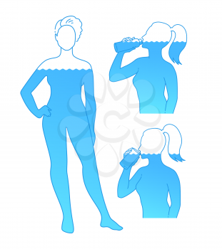 Vector illustration set of female silhouette drinking water. Isolated on white background.