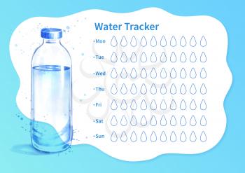 Vector template of water tracker with watercolor illustration of bottle of water.