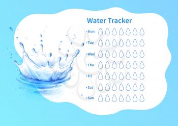Vector template of water tracker with watercolor illustration of water splash crown.