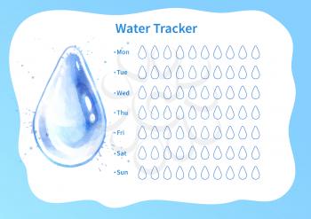 Vector template of water tracker with watercolor illustration of water drop.