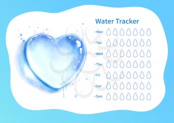 Vector template of water tracker with watercolor illustration of heart.