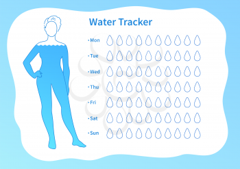 Water tracker template with female silhouette. Vector illustration.