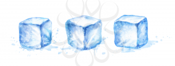 Watercolor vector isolated illustration set of ice cubes. Realistic hand drawn art with paint splashes.