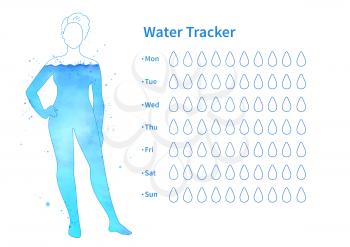 Water tracker template with watercolor sketchy female silhouette. Vector illustration.
