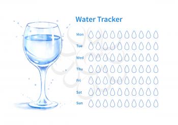 Vector template of water tracker with watercolor illustration of goblet with water.