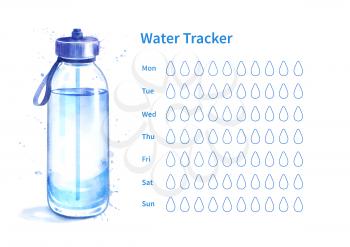 Vector template of water tracker with watercolor illustration of glass sport bottle.