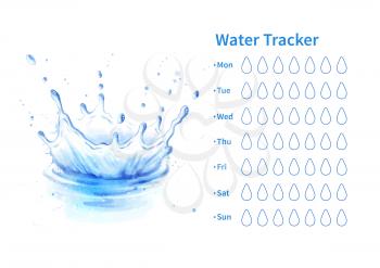 Vector template of water tracker with watercolor illustration of water splash crown.