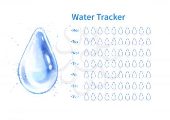 Vector template of water tracker with watercolor illustration of water drop.