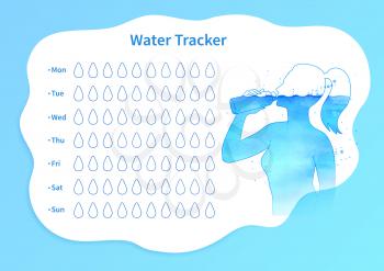 Water tracker template with watercolor sketchy female silhouette. Vector illustration.