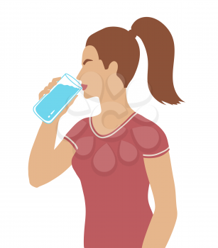 Vector illustration of woman sideview figure drinking water with glass